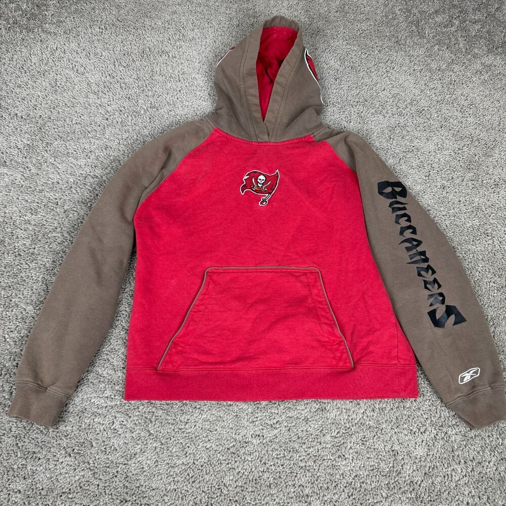 Tampa Bay Buccaneers Hoodie Boys Large Red Brown Sleeve Print Reebok Sweatshirt